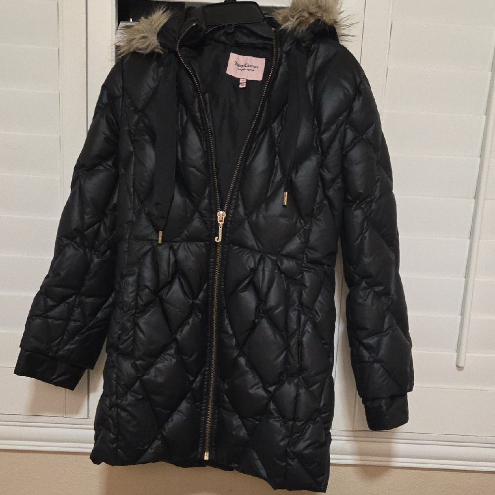 Juicy Couture Black Puffer Jacket with Faux Fur Trim